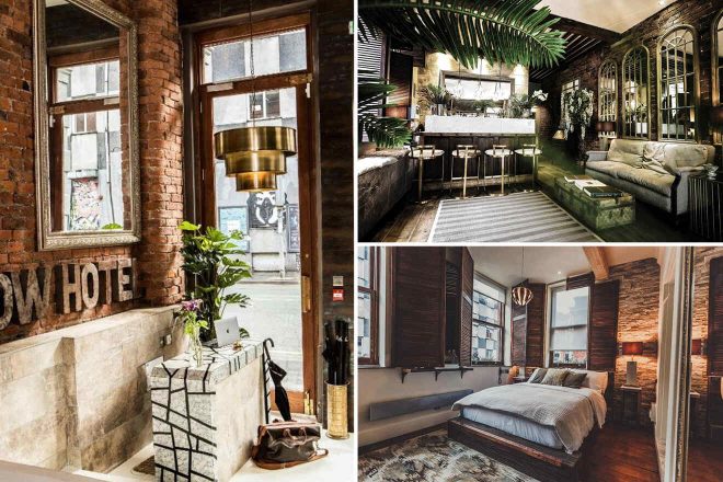 A collage of three hotel photos to stay in Manchester: a rustic entry with exposed brick walls and a vintage hotel sign, a lush bar area with greenery and retro decor, and a chic bedroom with rich wood textures and urban views.